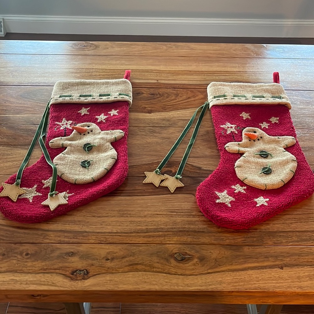 Two wool backed crewel snowman Christmas stockings.  Primitive.